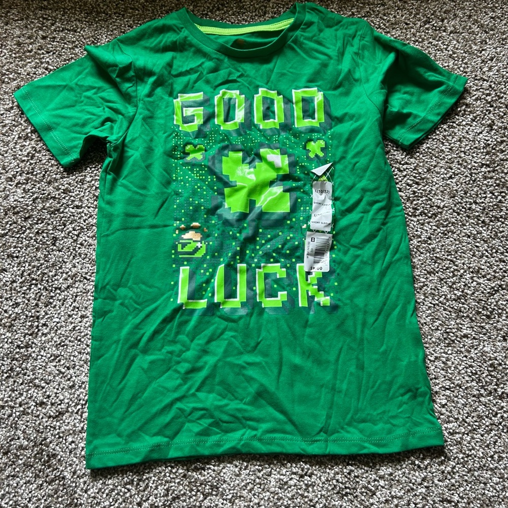 Bright Green Short Sleeve Tee with Distressed 'Good Luck' Design
